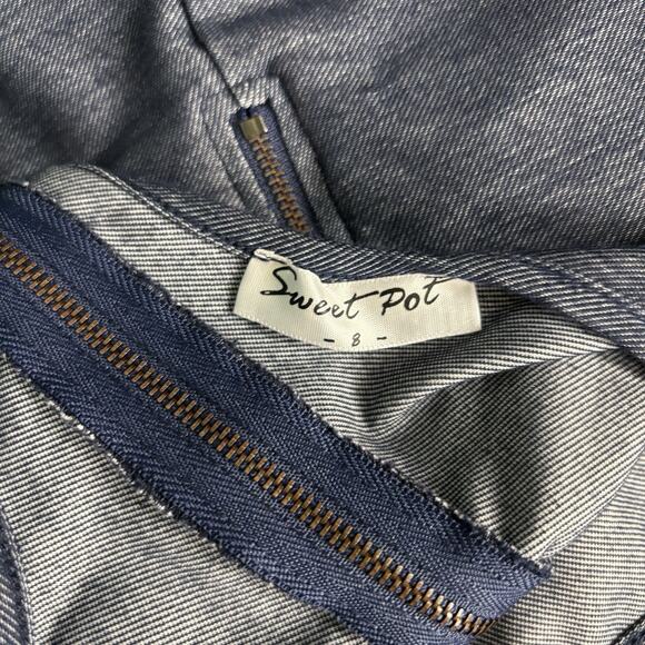 Sweet Pot Women Form Fitting Dress Choker Neckline Detail Bodycon sz 8 Chambray - Picture 9 of 13